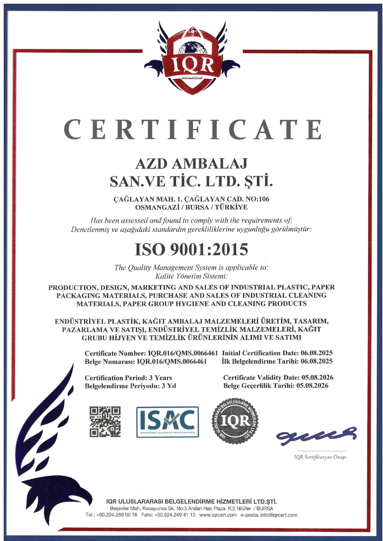 AZD Ambalaj ISO 9001:2015 Kalite Yönetim Sistemi sertifikası